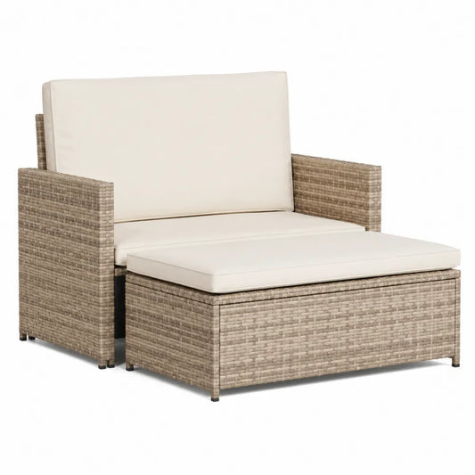 Sofá modular de ratán sintético con cojines beige crema