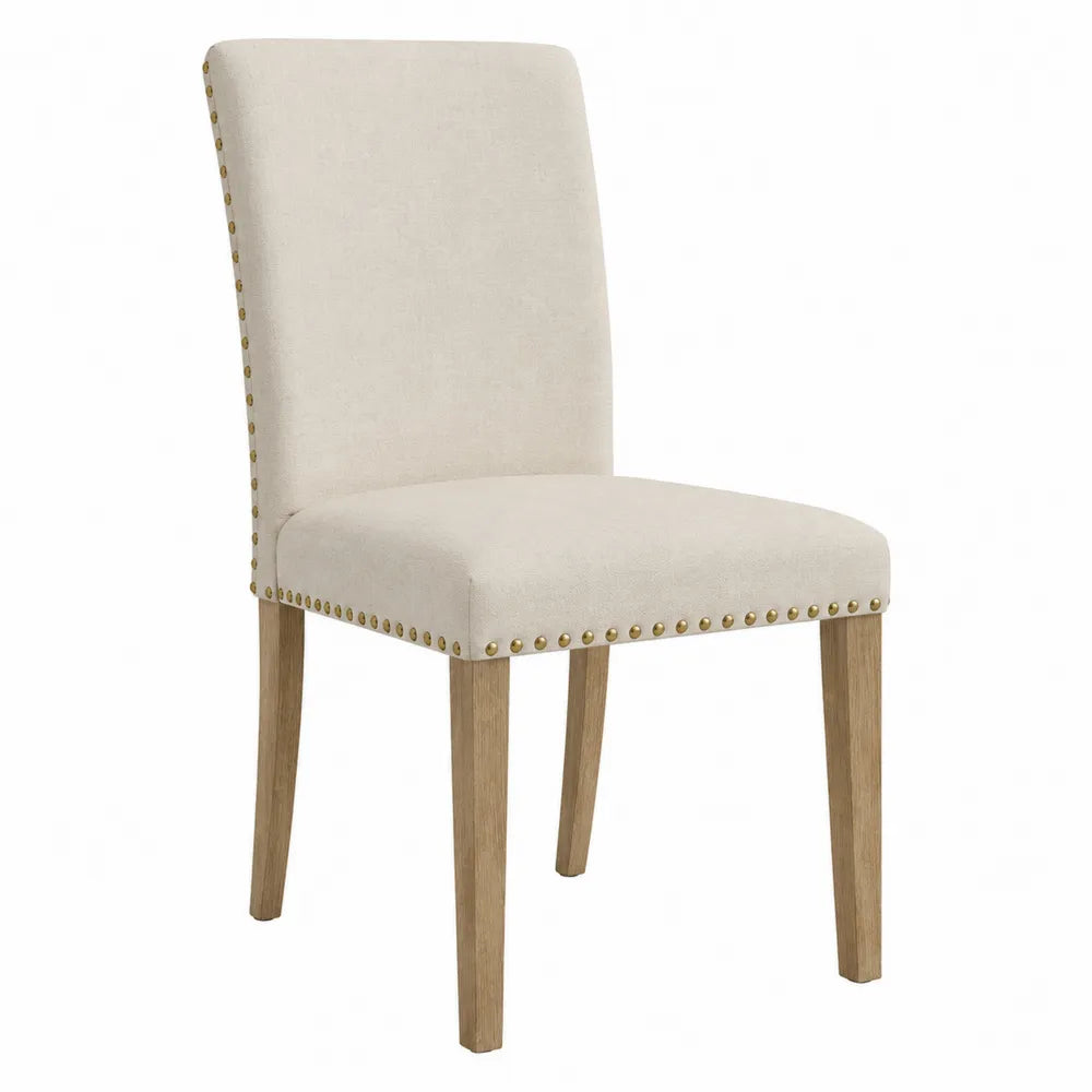 Silla de comedor beige de poliéster con estructura de madera de roble