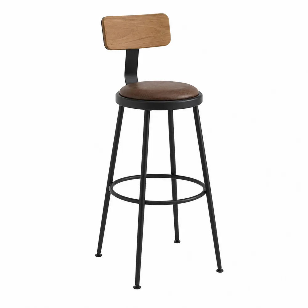 Taburete de bar de metal negro con respaldo de madera y asiento de cuero sintético marrón