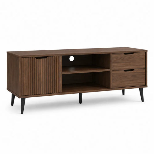 Mueble para TV de madera de nogal con estantes y cajones 150x45x55 cm