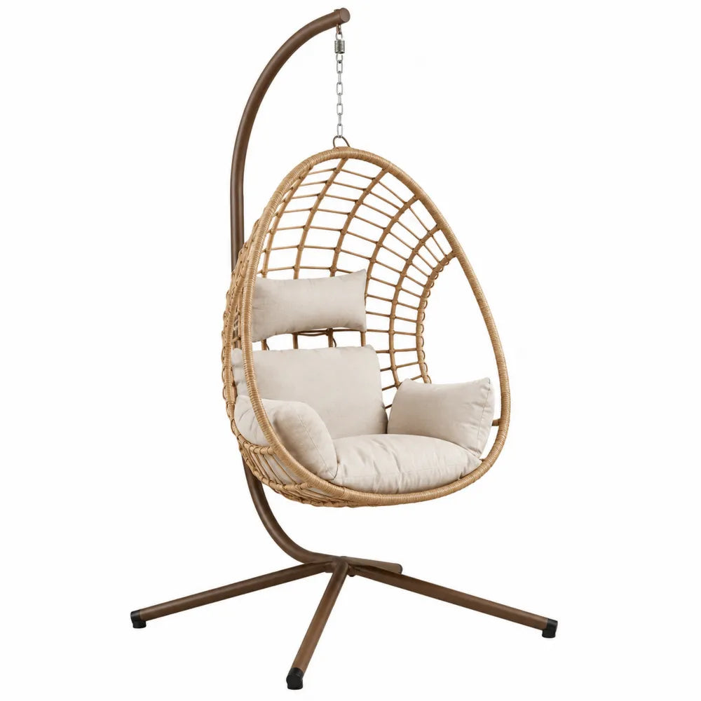 Silla Colgante de Ratán Sintético Beige con Soporte Metálico