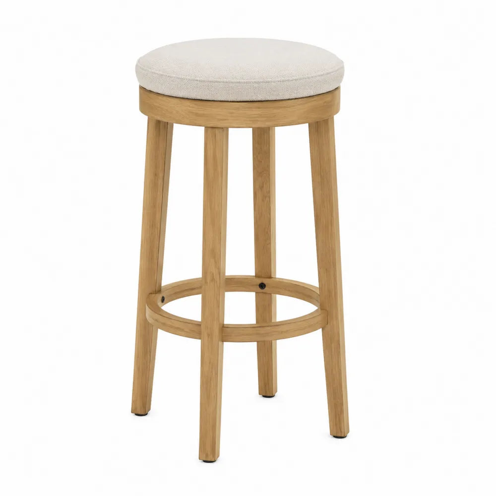 Taburete alto redondo de madera y poliéster beige 75 cm