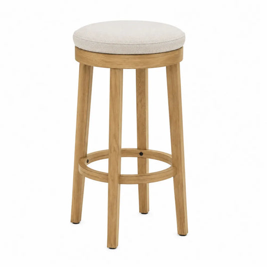 Taburete alto redondo de madera y poliéster beige 75 cm