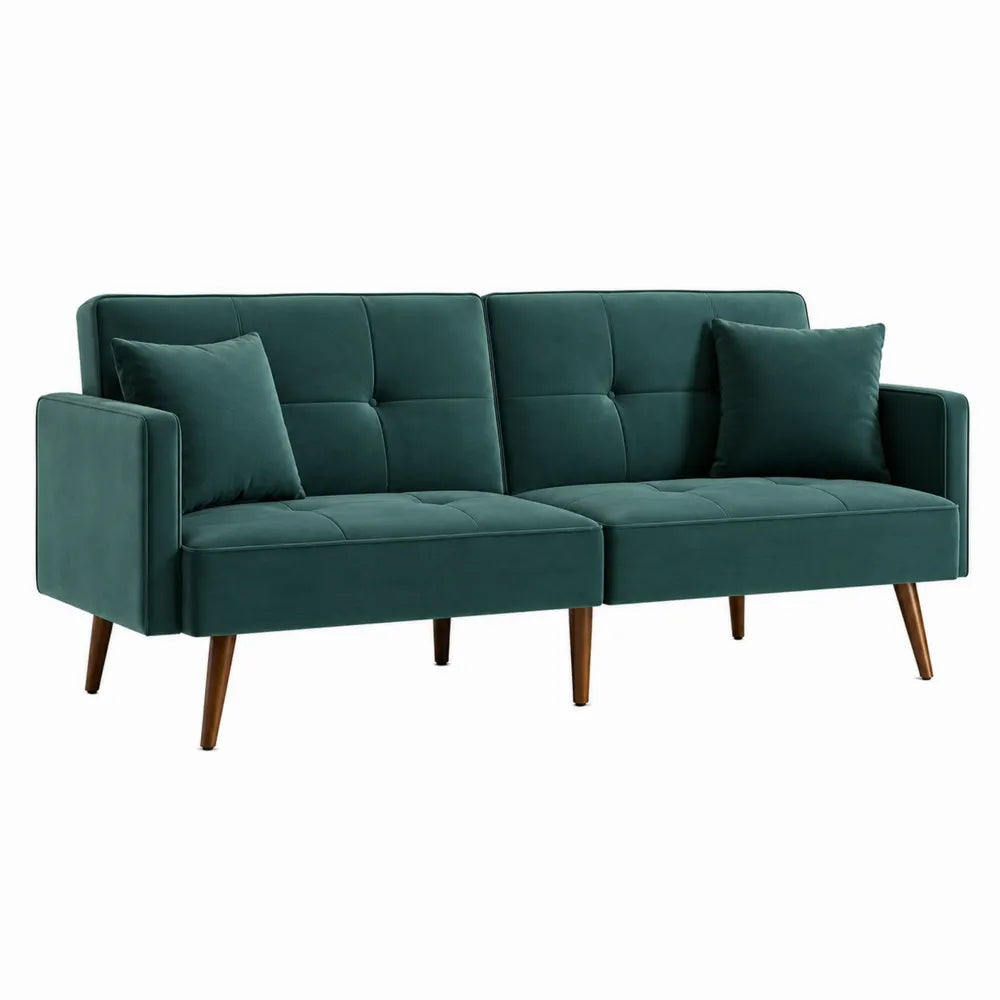 Sofá cama de tela verde con patas de madera