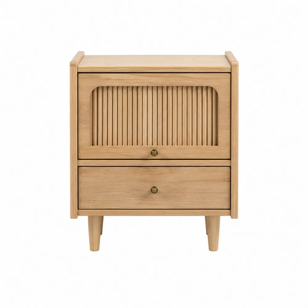 Mesita de noche de madera de roble con cajones y puerta deslizante