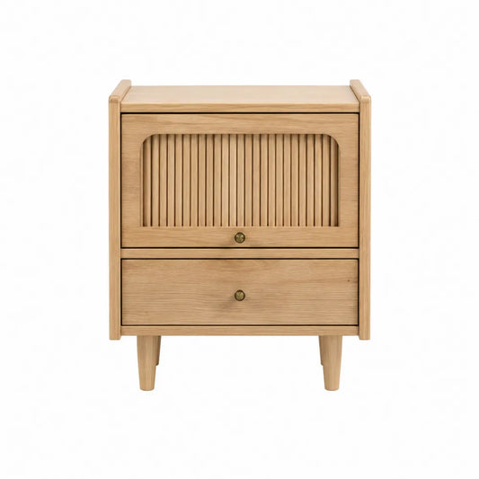 Mesita de noche de madera de roble con cajones y puerta deslizante