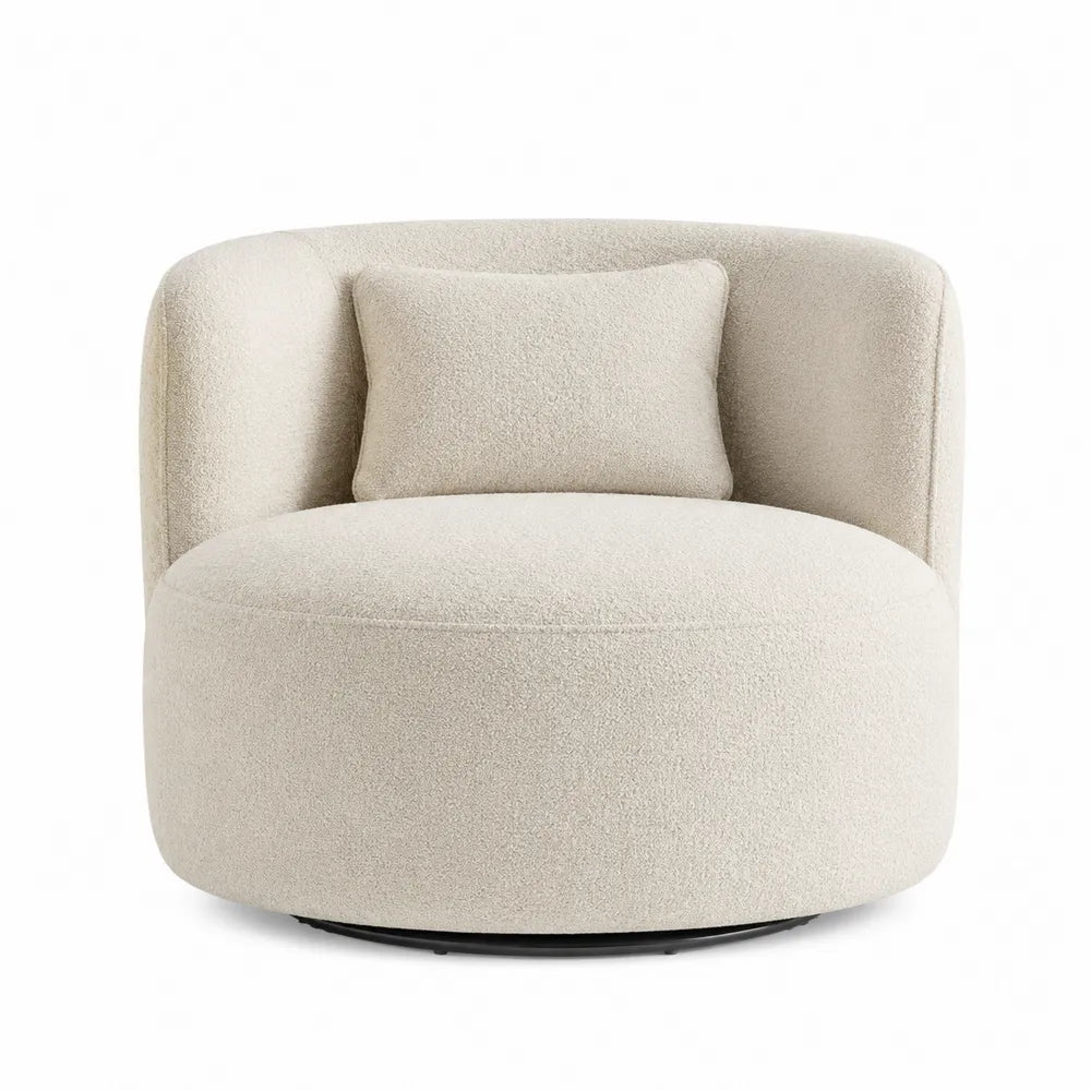Sillón Giratorio de Tela Bouclé Beige con Cojín