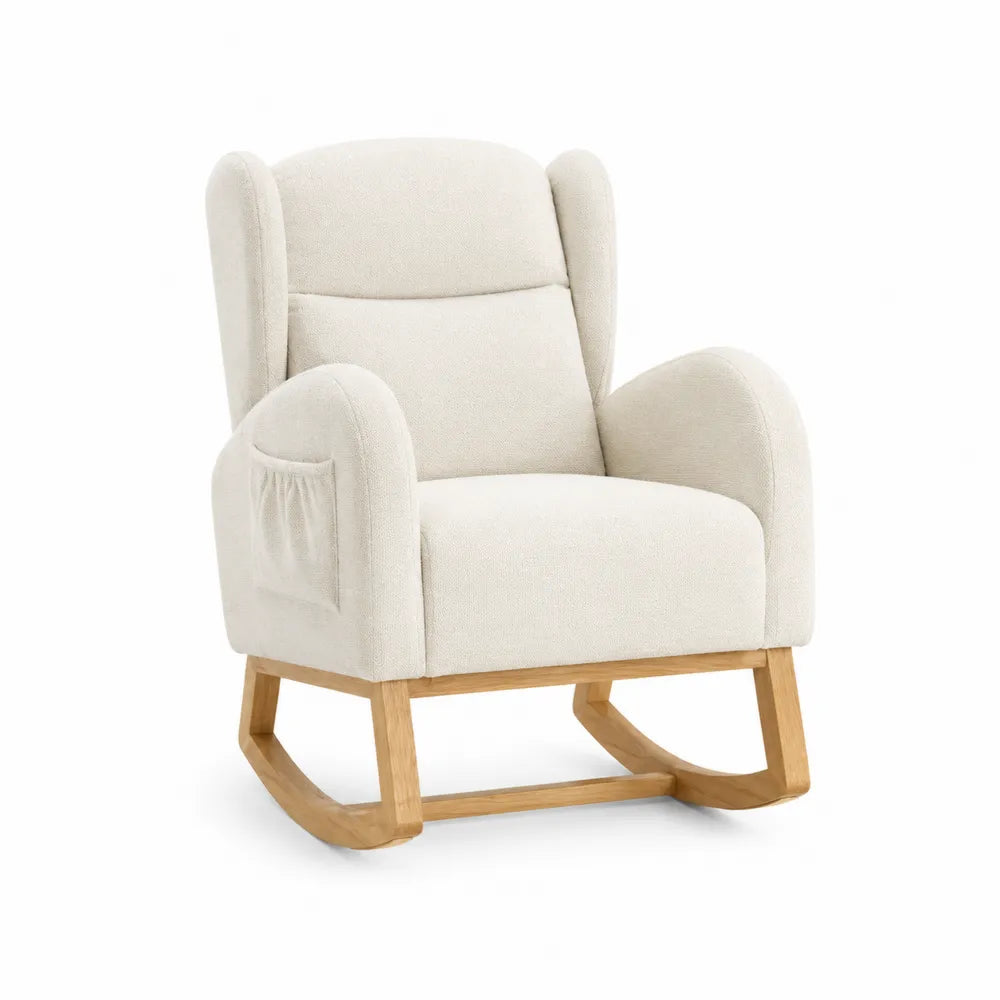 Mecedora de tela beige con base de madera