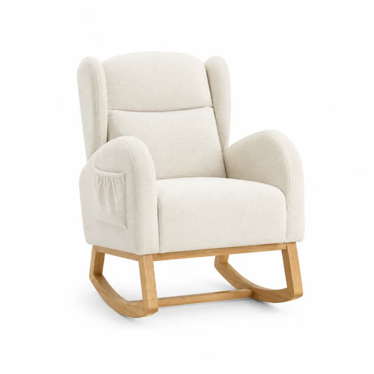 Mecedora de tela beige con base de madera