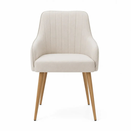 Silla de tela beige con patas de madera