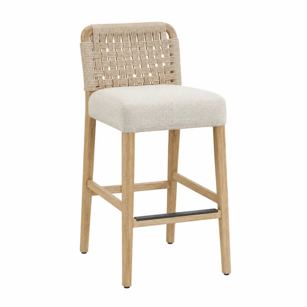 Taburete de barra de madera con respaldo de cuerda trenzada
