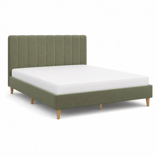 Cama doble tapizada en poliéster verde con patas de madera de roble 200x140 cm
