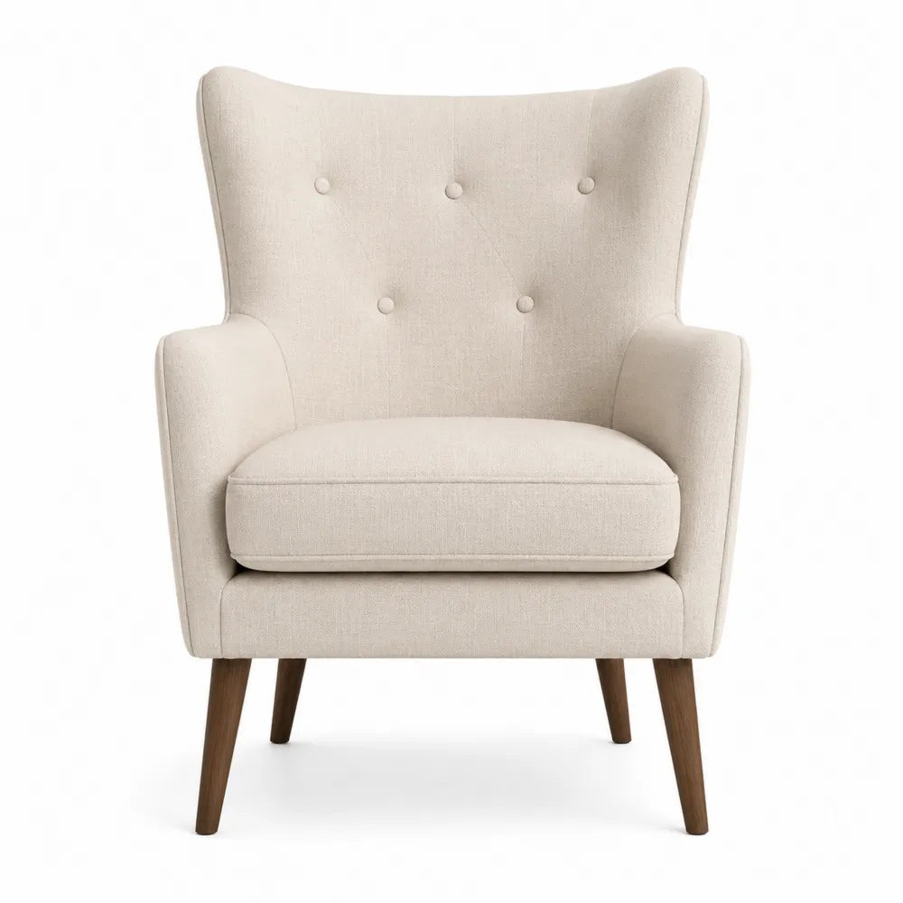 Sillón orejero de lino beige con patas de madera