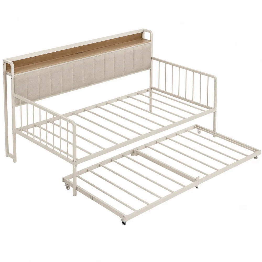 Cama nido de metal con cabecero acolchado beige 200x90 cm