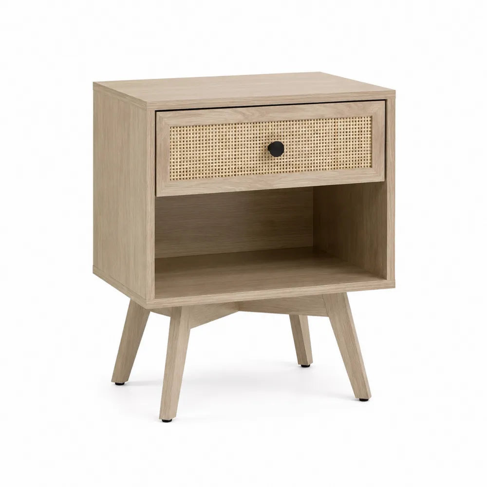 Mesita de noche de madera con cajón de ratán 58x40x35 cm