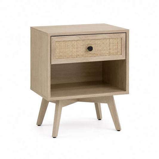 Mesita de noche de madera con cajón de ratán 58x40x35 cm