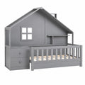 Cama infantil de madera gris con estructura de casa y cajones