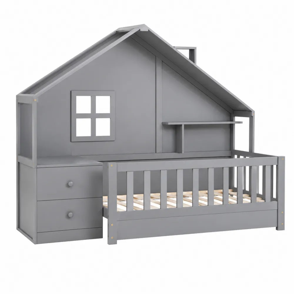 Cama infantil de madera gris con estructura de casa y cajones