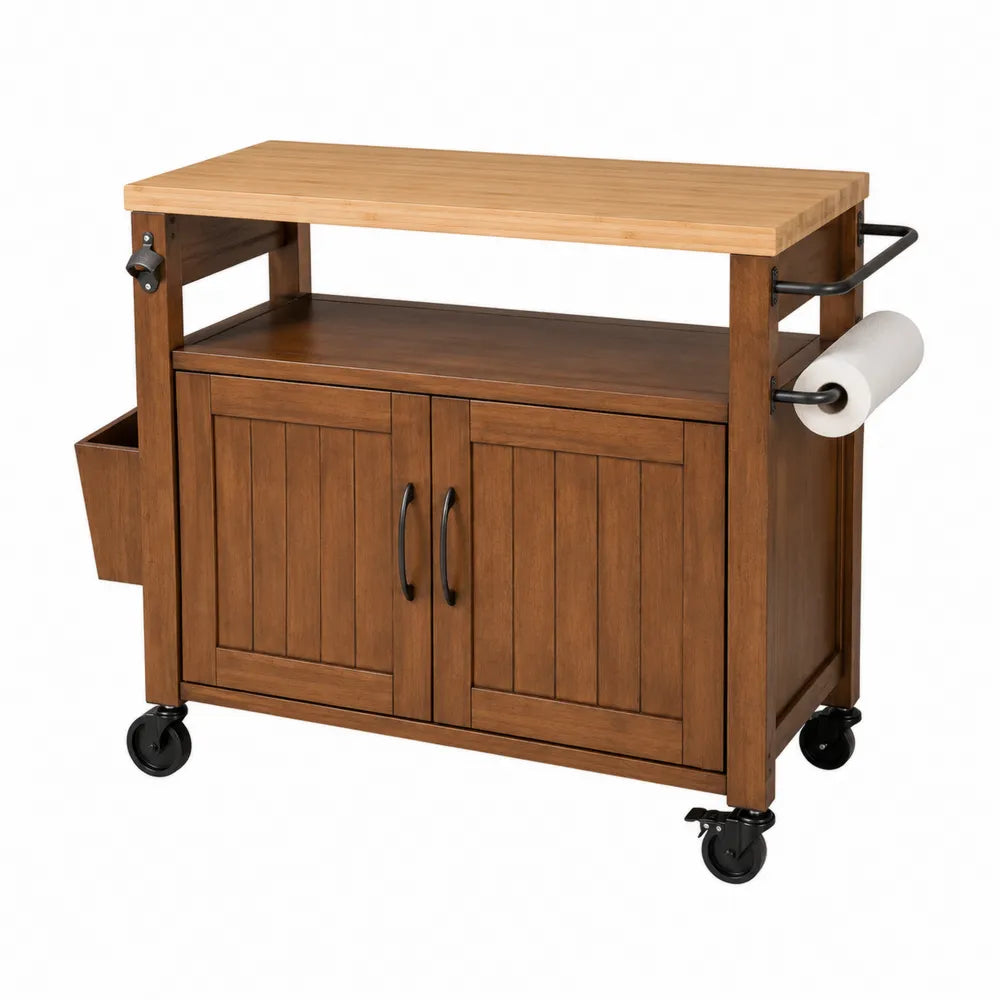 Carrito de cocina de madera con estante de bambú