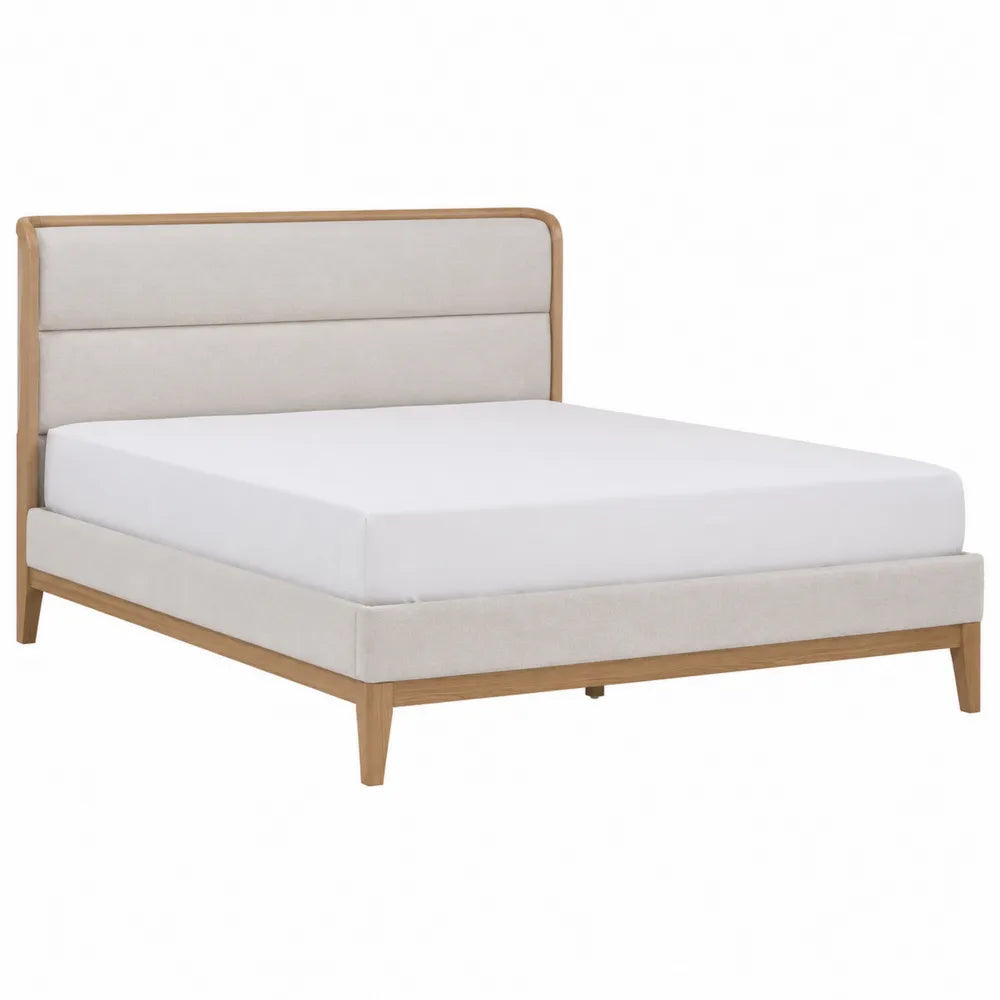 Cama tapizada de poliéster beige con estructura de madera de 200x160 cm