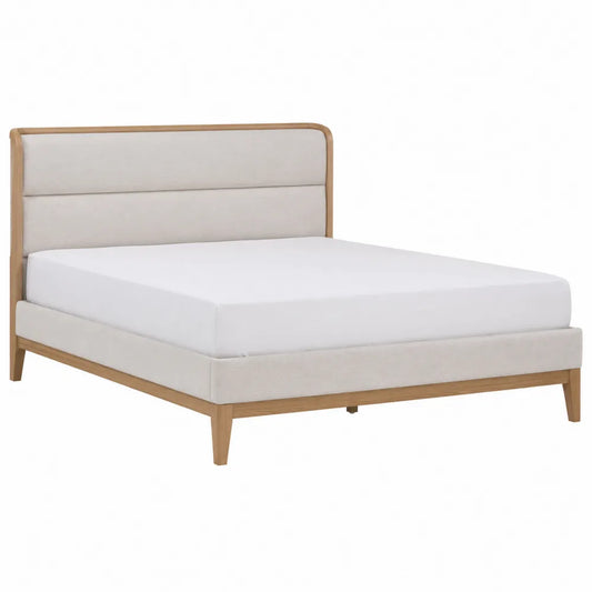 Cama tapizada de poliéster beige con estructura de madera de 200x160 cm
