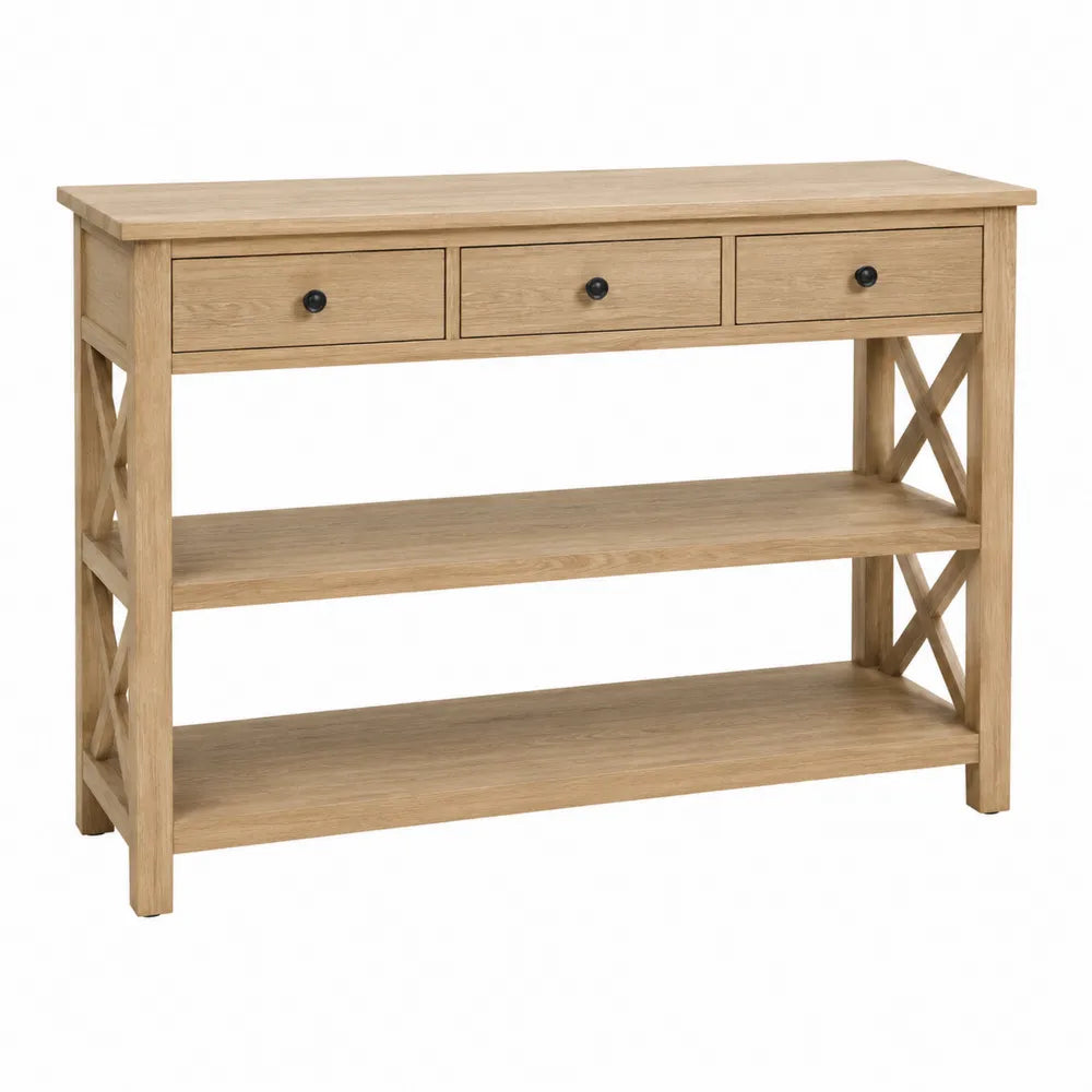 Consola de madera de roble con 3 cajones y 2 estantes