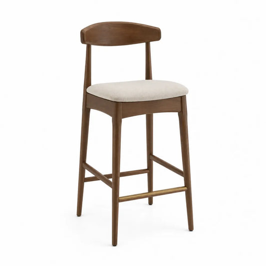 Taburete de madera con asiento de tela de poliéster beige