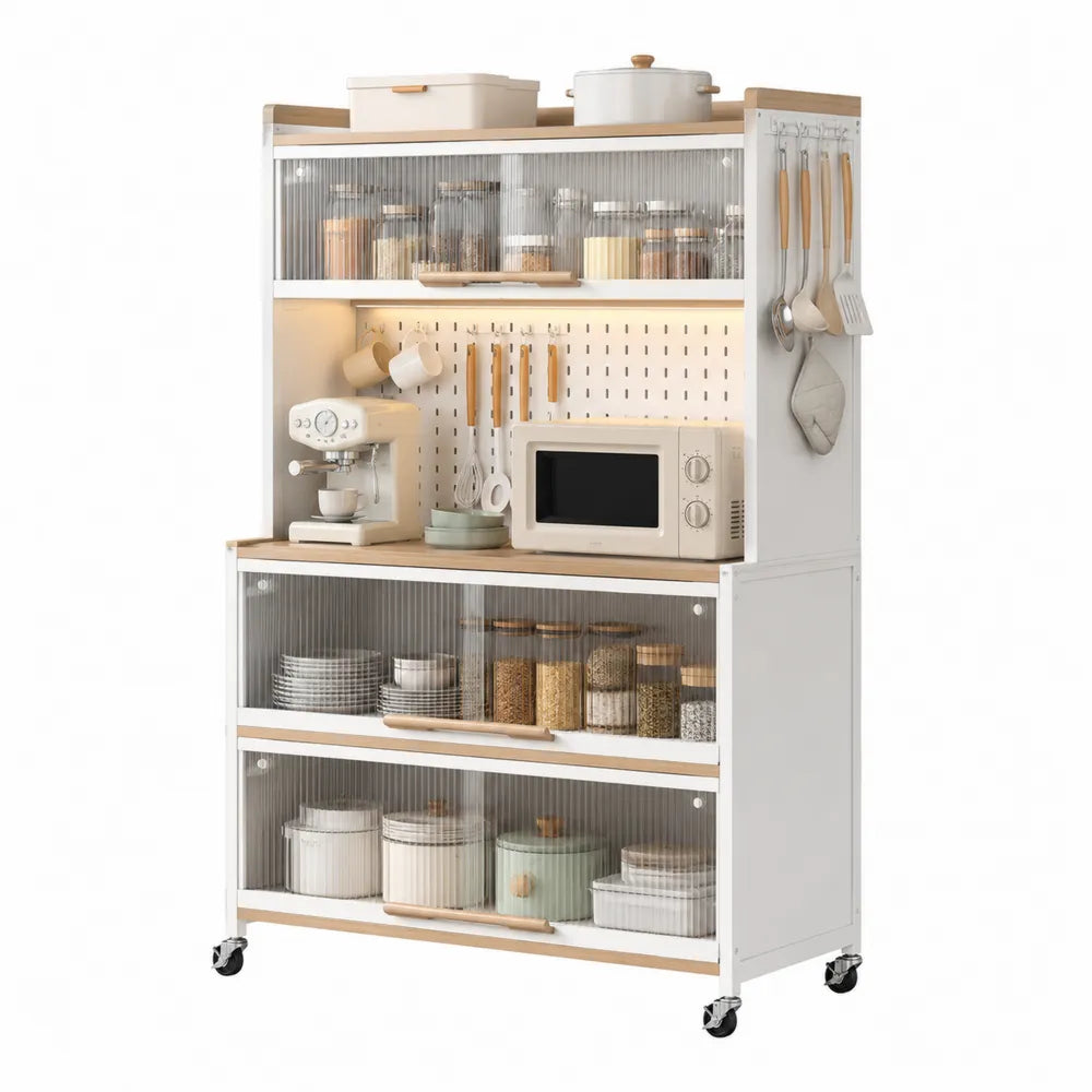 Estantería de cocina con puertas de policarbonato y ruedas, blanco, 120x40x180 cm