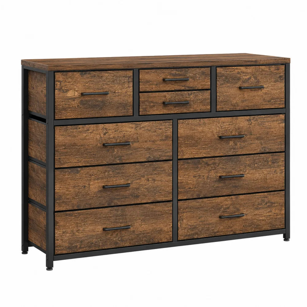 Cómoda de 9 Cajones de Madera y Metal 120cm x 40cm x 90cm