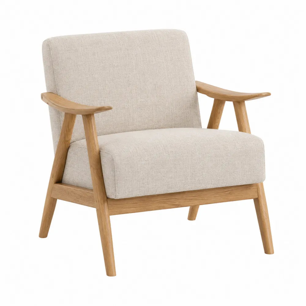 Silla de salón con marco de madera de roble y tapizado de lino beige