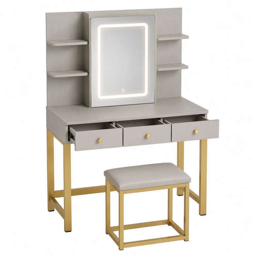 Tocador con espejo LED y taburete en gris y dorado
