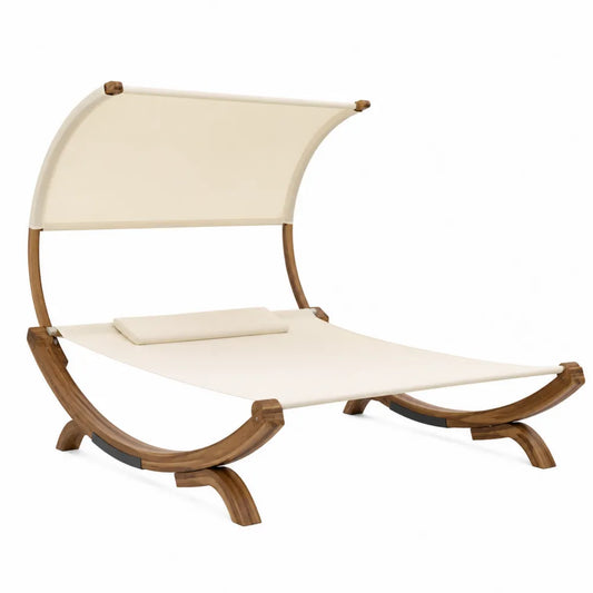 Tumbona doble de madera y poliéster beige con toldo