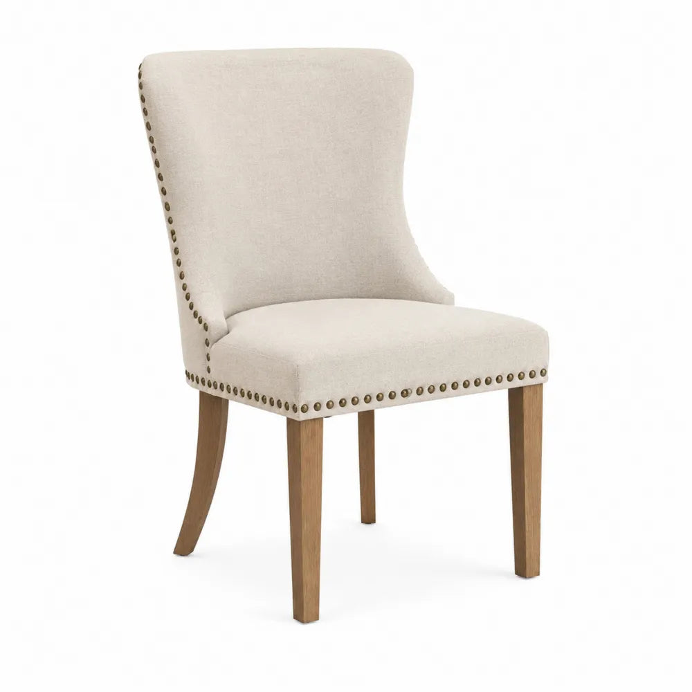 Silla de lino beige con estructura de madera