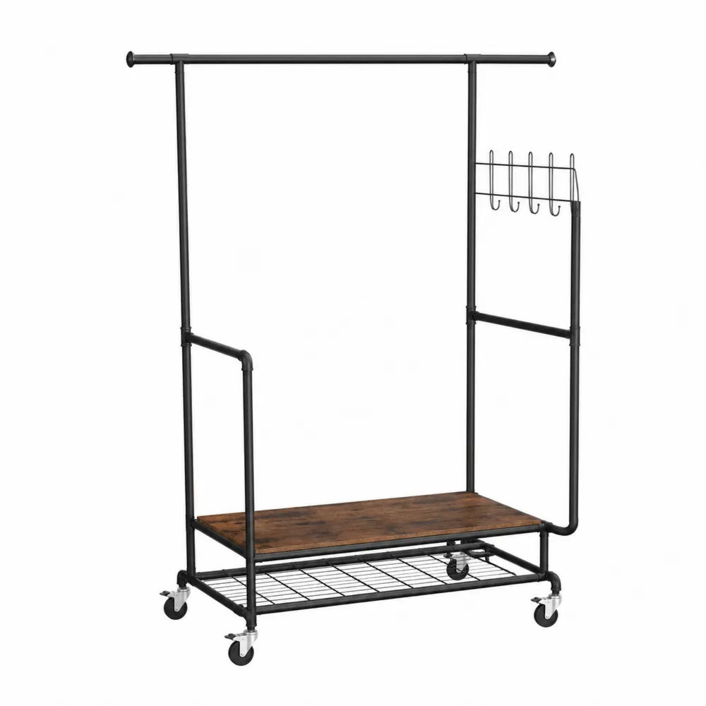 Perchero de metal y madera con ruedas negro y marrón 152x90x40 cm
