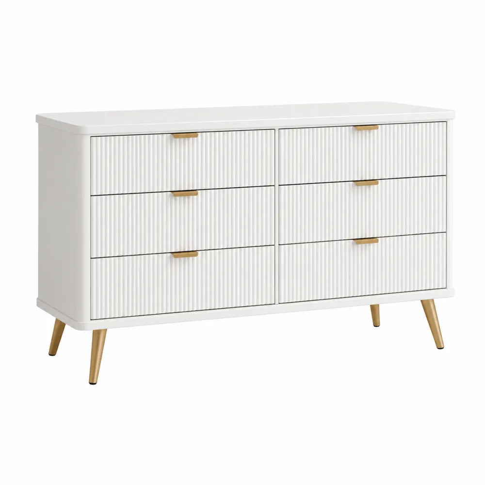 Cómoda de 6 cajones de MDF blanco con patas de metal dorado