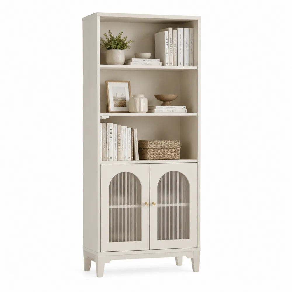 Estantería de madera con puertas de vidrio texturizado 180x80x30 cm crema