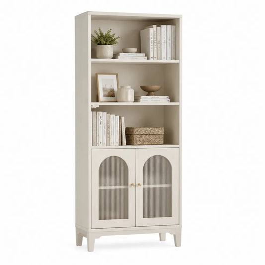 Estantería de madera con puertas de vidrio texturizado 180x80x30 cm crema